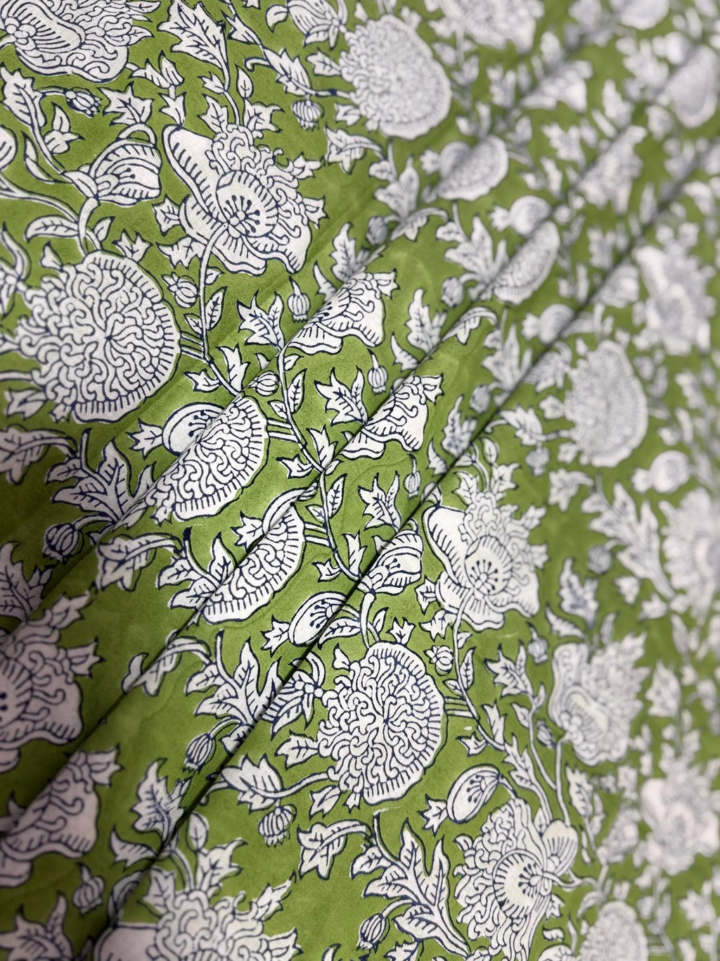 Green & White Floral Block Print Linen Fabric - Indian Mughal Style