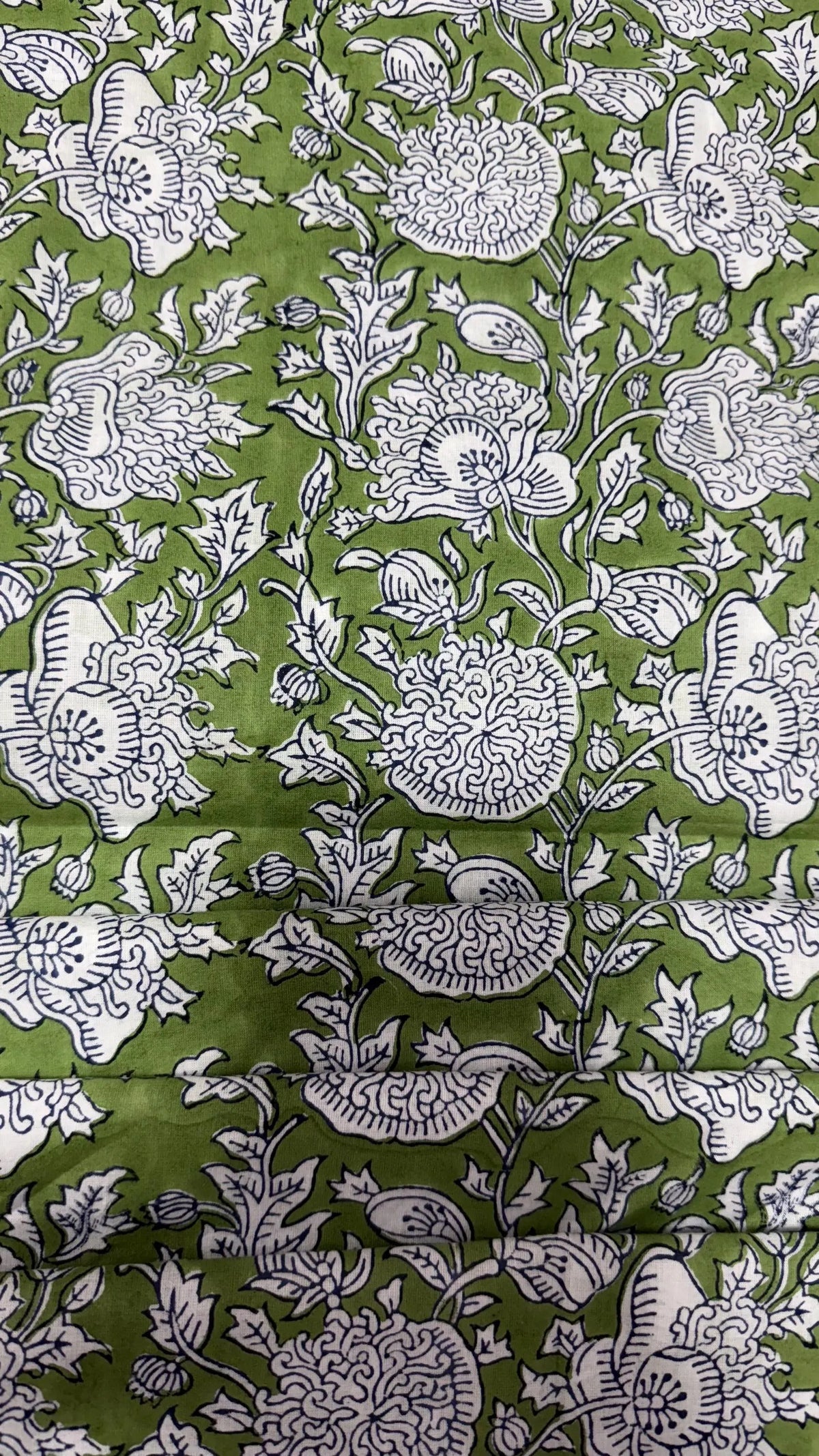 Green & White Floral Block Print Linen Fabric - Indian Mughal Style