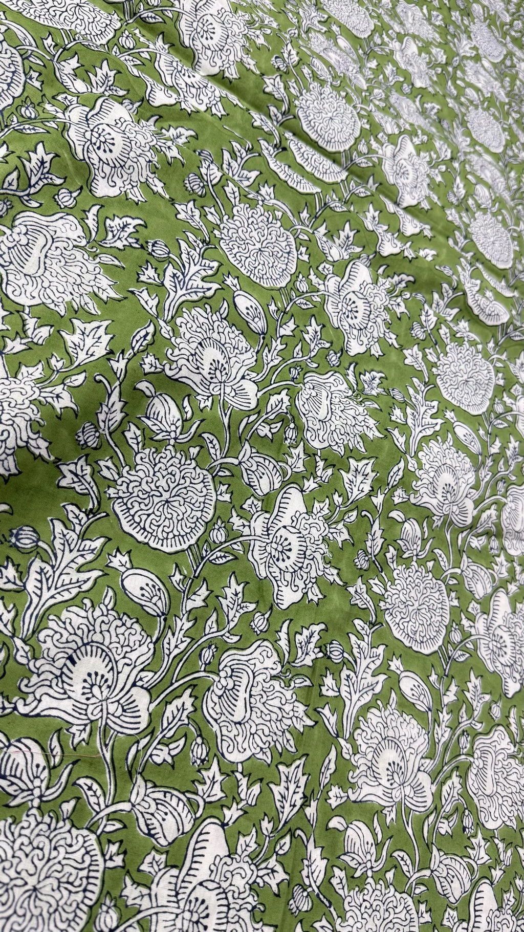 Green & White Floral Block Print Linen Fabric - Indian Mughal Style