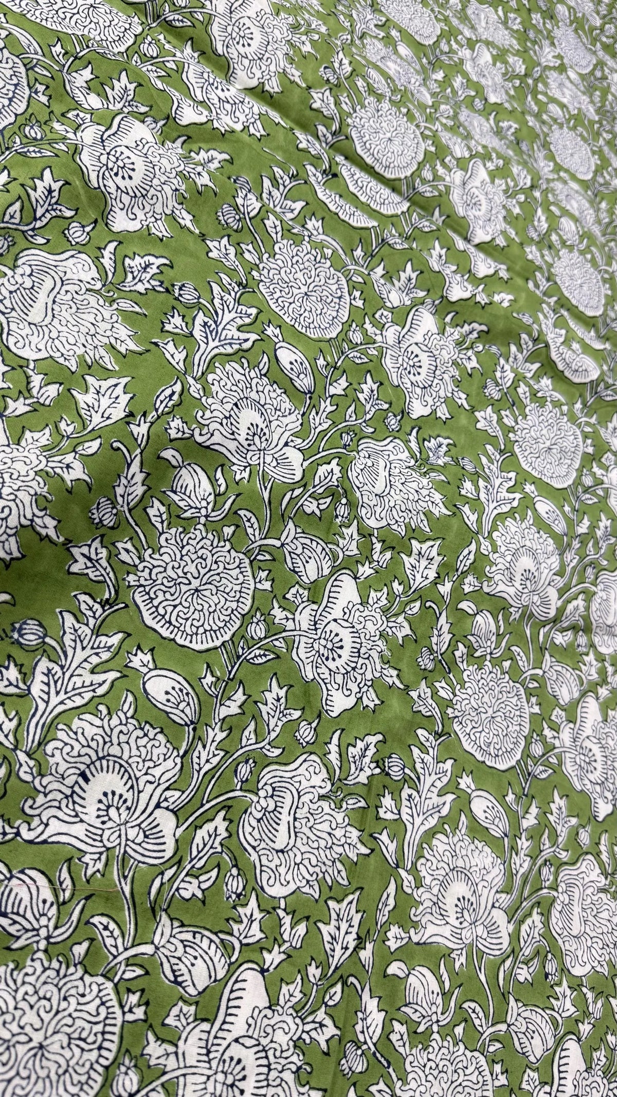 Green & White Floral Block Print Linen Fabric - Indian Mughal Style