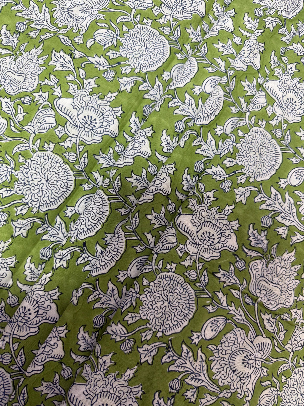 Green & White Floral Block Print Linen Fabric - Indian Mughal Style