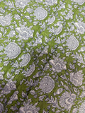 Green & White Floral Block Print Linen Fabric - Indian Mughal Style