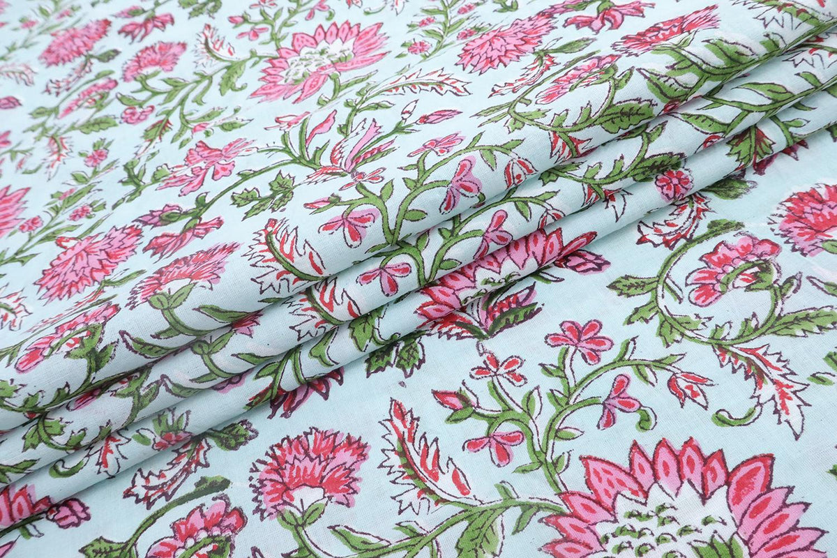 Mughal Floral Block Print Fabric: Pink, White & Green Linen Cotton Blend