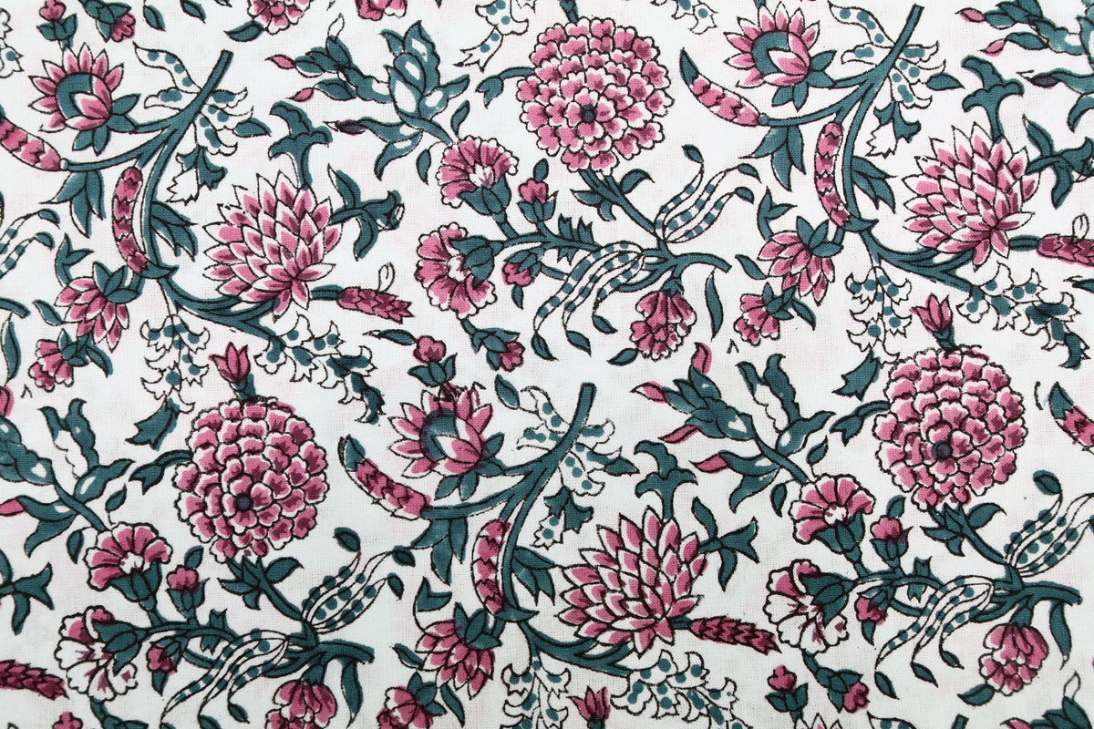 Pink Floral Block Print Cotton Fabric: Handstamped Indian Fabric by the Yard