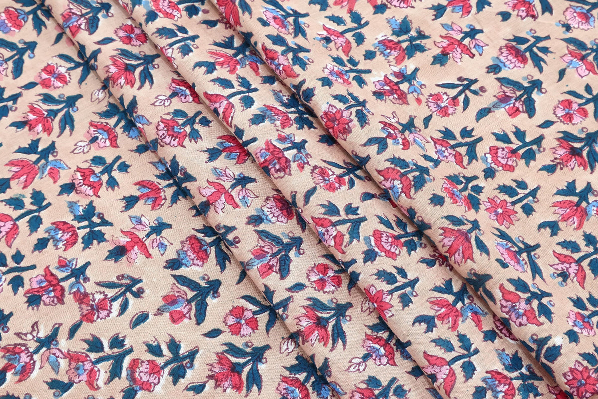 Mughal Floral Print Cotton Fabric: Indian Hand Block Print