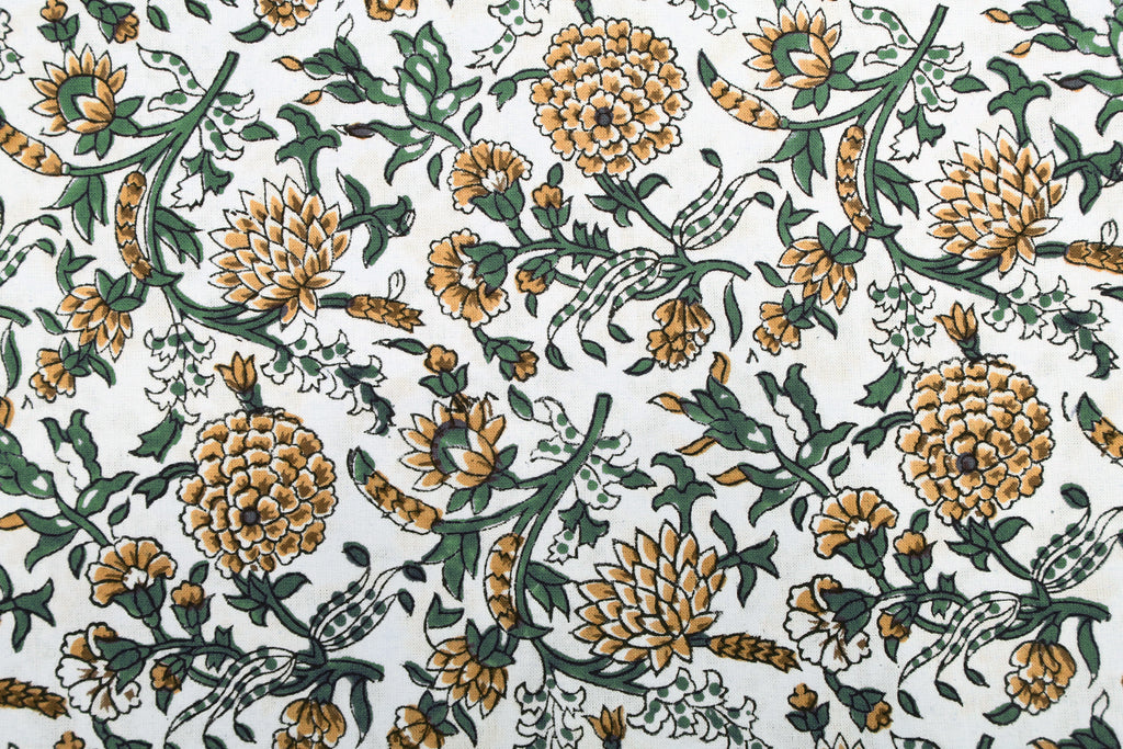 Floral Block Print Cotton Fabric: Yellow Mughal Design by the Yard
