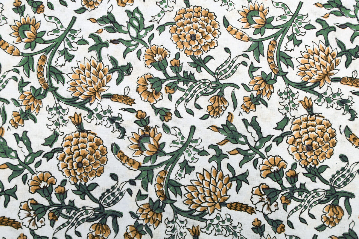 Floral Block Print Cotton Fabric: Yellow Mughal Design by the Yard