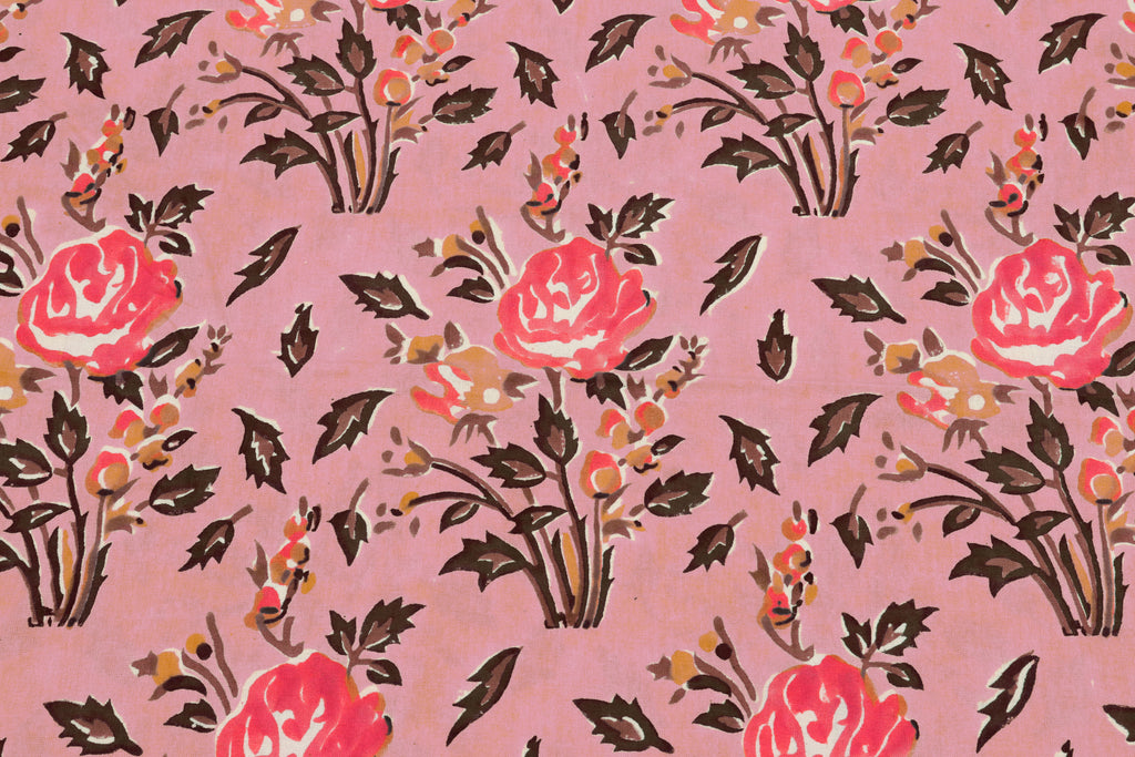 Pink Floral Blockprint Cotton Fabric: Handstamped Indian Fabric