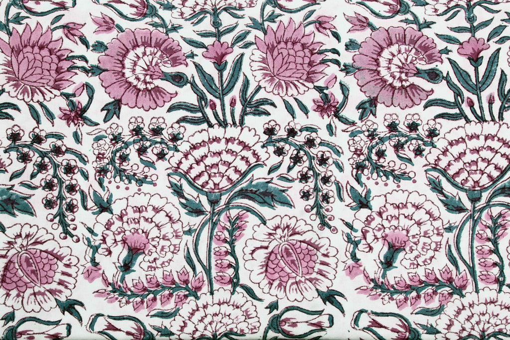Floral Block Print Cotton Fabric: Pink, Green, and White Indian Fabric