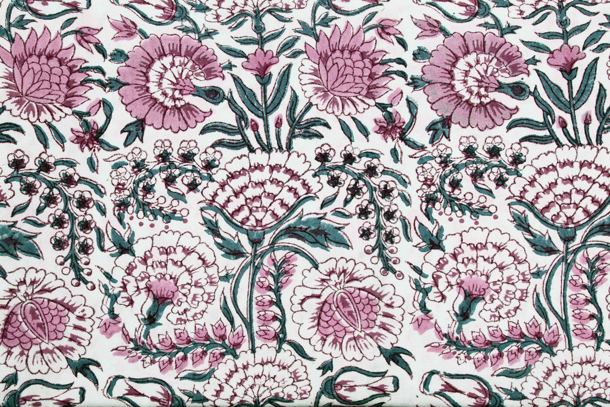 Floral Block Print Cotton Fabric: Pink, Green, and White Indian Fabric