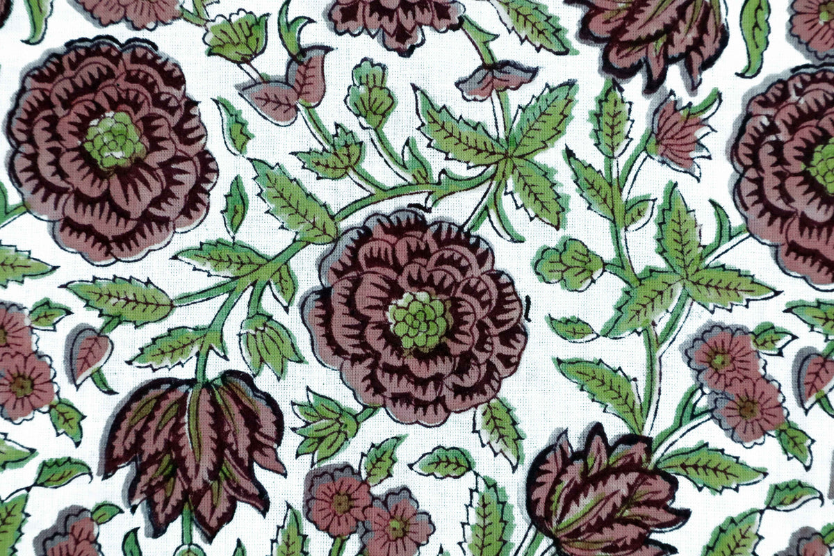 Pink Floral Block Print Cotton Fabric: Hand Stamped Indian Fabric