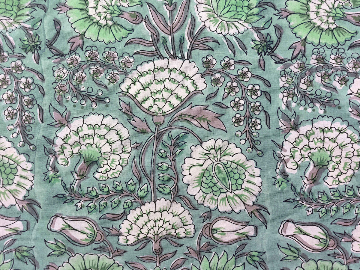 Floral Block Print Cotton Fabric: Blue, Green, Pink Mughal Design