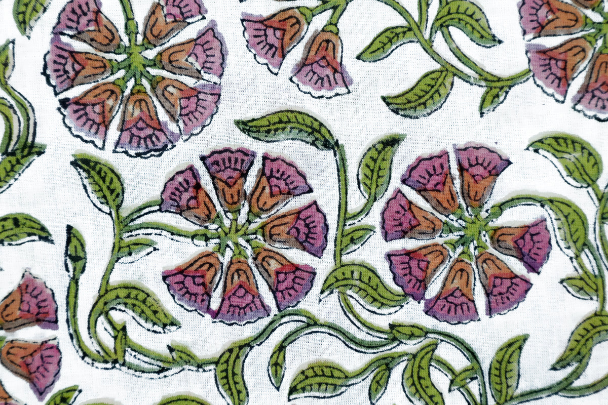 Floral Block Print Cotton Fabric: Pink, Purple, Green Mughal Design