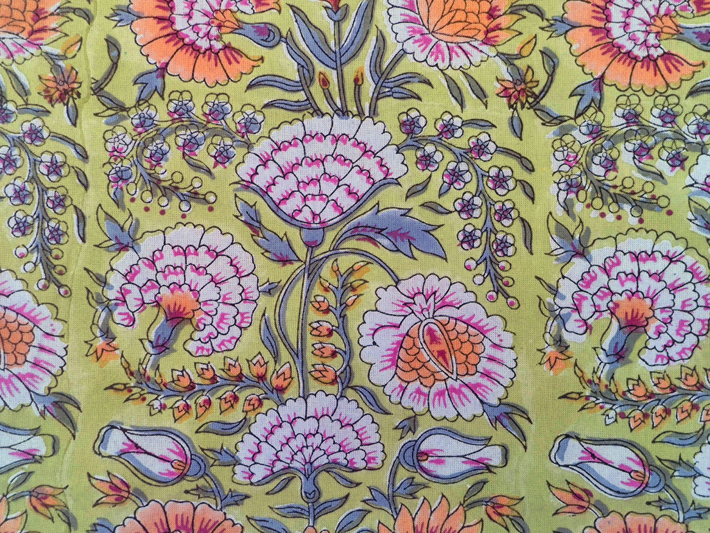Floral Block Print Cotton Fabric: Yellow, Orange, Pink Mughal Design
