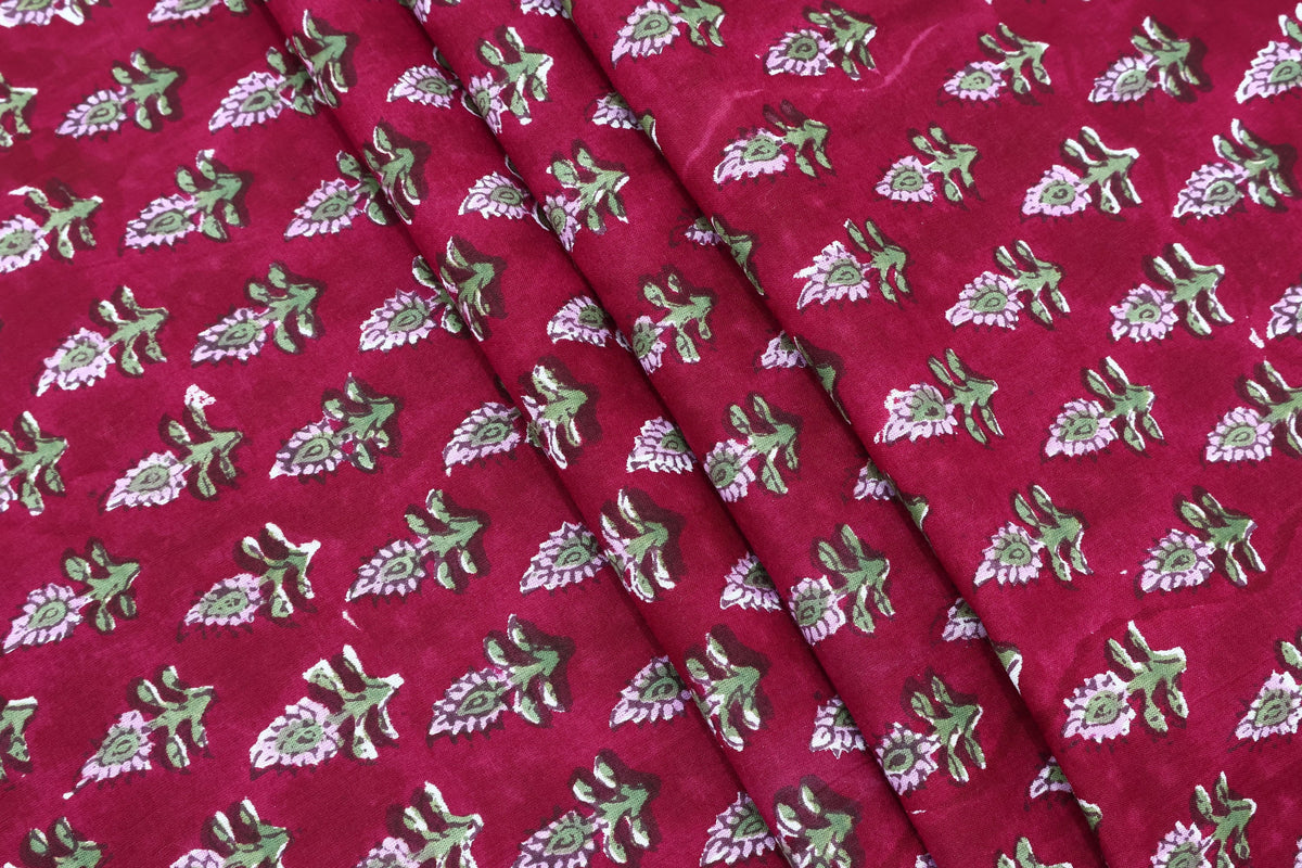 Hand Block Printed Cotton Fabric: Red Floral Indian Textile By The Yard
