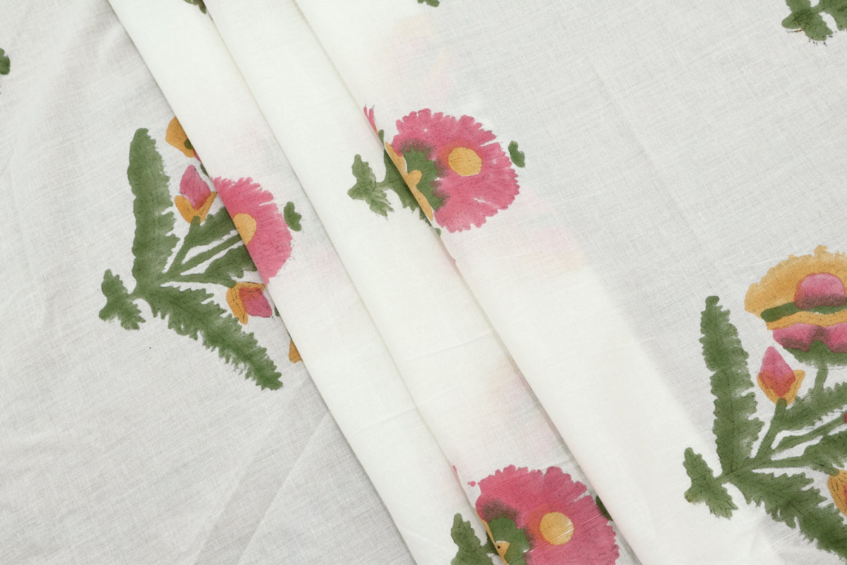 Floral Block Print Cotton Fabric: Hand-Stamped Indian Fabric