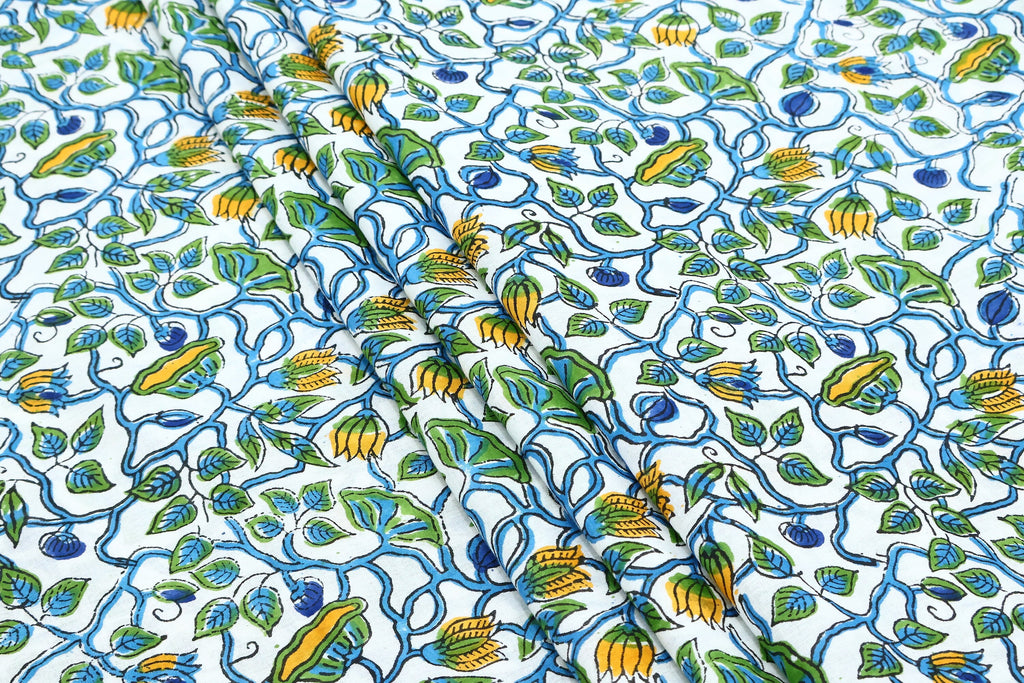 Hand Block Printed Cotton Fabric: Green, Blue, Yellow Floral Mughal Print