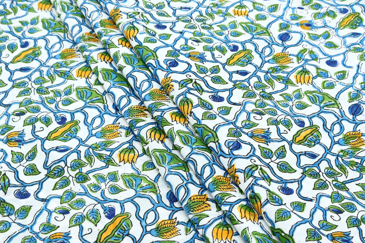 Hand Block Printed Cotton Fabric: Green, Blue, Yellow Floral Mughal Print