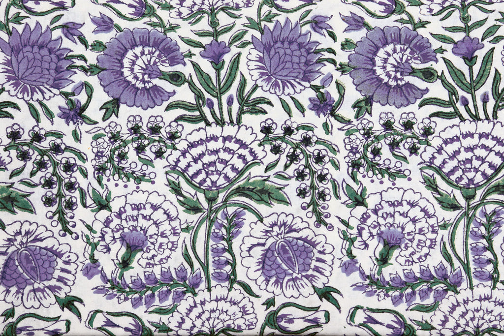 Purple Floral Block Print Cotton Fabric: Handstamped Indian Fabric