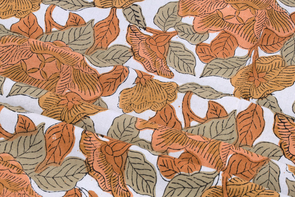 Orange Floral Block Print Fabric: Hand-Stamped Cotton By The Yard