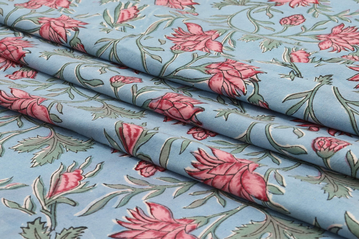 Mughal Print Cotton Fabric: Indian Floral Block Print By The Yard