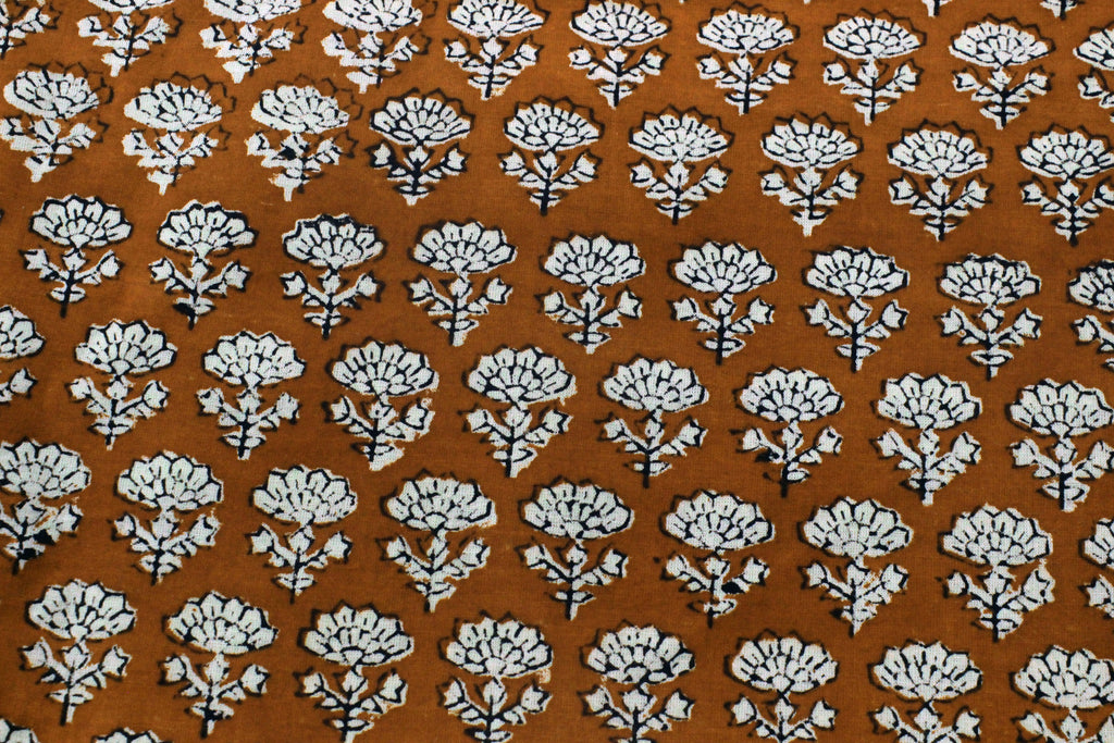 Orange Floral Blockprint Cotton Fabric: Handstamped Indian Fabric