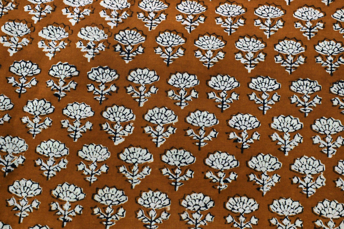Orange Floral Blockprint Cotton Fabric: Handstamped Indian Fabric
