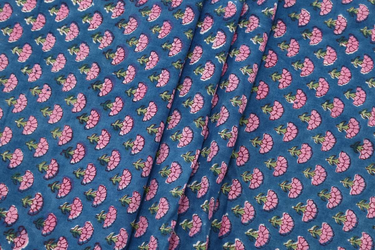 Cotton Floral Hand Block Print Fabric - Pink and Blue Indian Blockprint