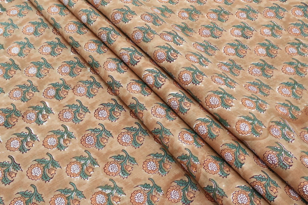 Orange Cotton Traditional Floral Hand Block Print Unstiched Material For Men's Kurta Shirts & Women's Kurti and Other Dress Material