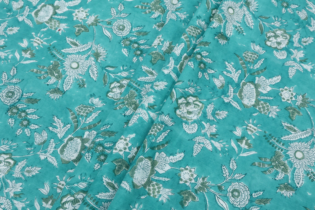 Mughal Floral Print Cotton Fabric: Hand Block Printed Indian Fabric