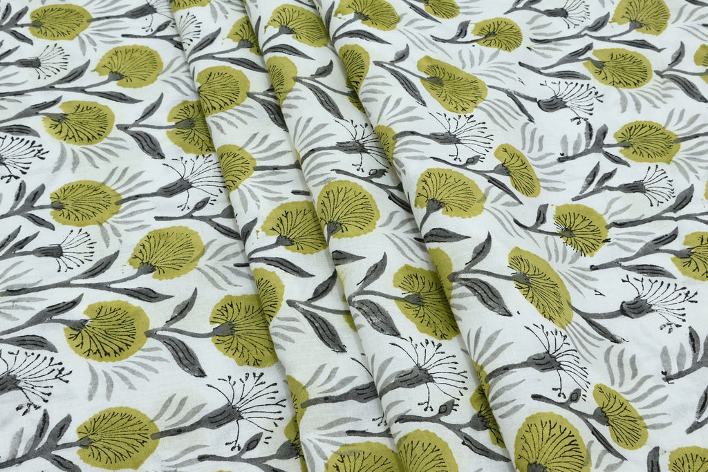 Green Floral Block Print Cotton Fabric: Indian Handstamped Textile