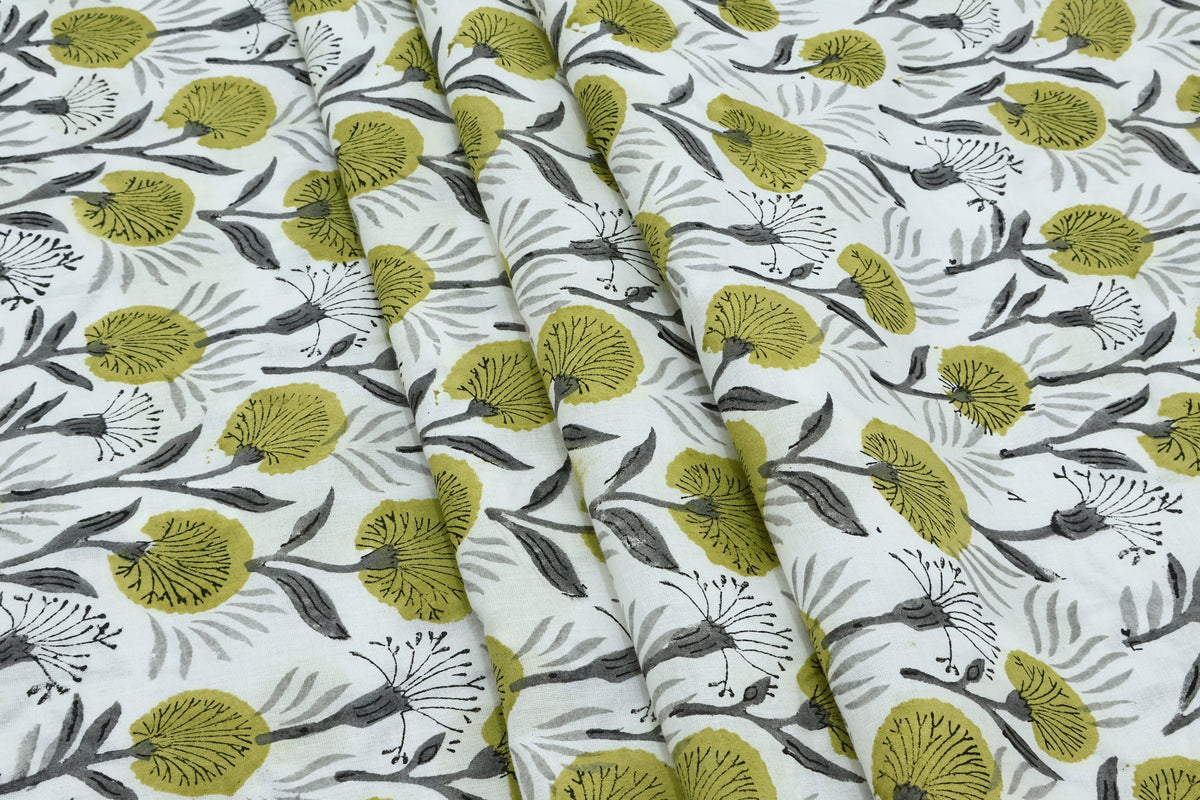 Green Floral Block Print Cotton Fabric: Indian Handstamped Textile