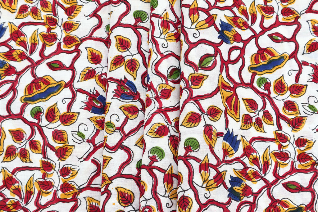 Red Floral Block Print Cotton Fabric: Indian Mughal Style By The Yard
