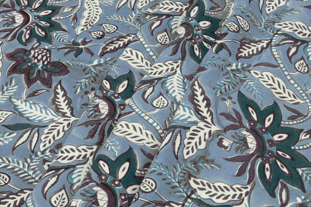 Mughal Floral Print Cotton Fabric: Hand Block-Printed Indian Fabric