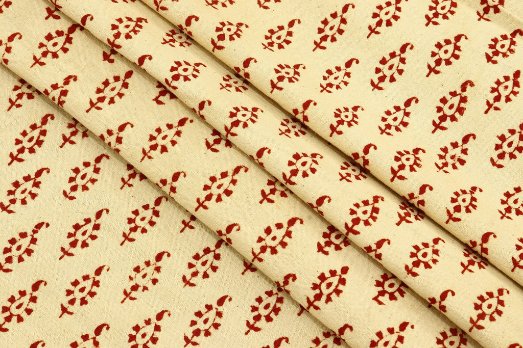 Red Floral Block Print Cotton Fabric: Beige Indian Cloth