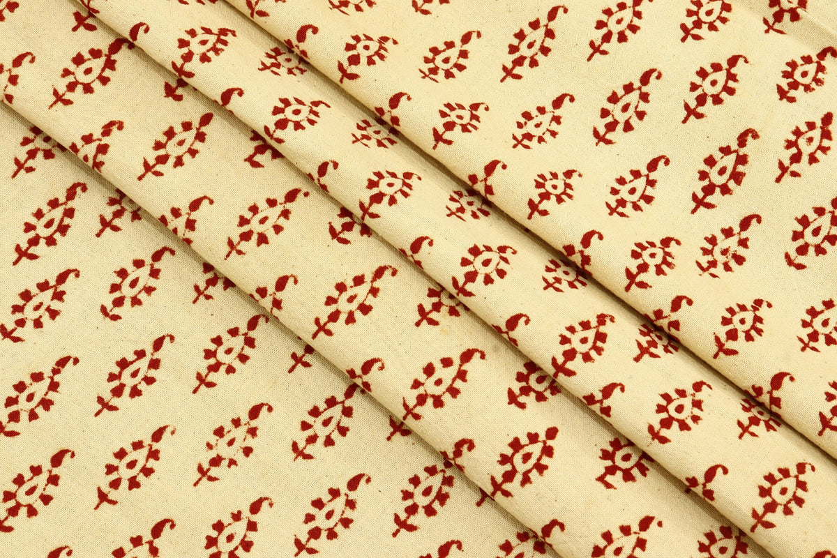 Red Floral Block Print Cotton Fabric: Beige Indian Cloth