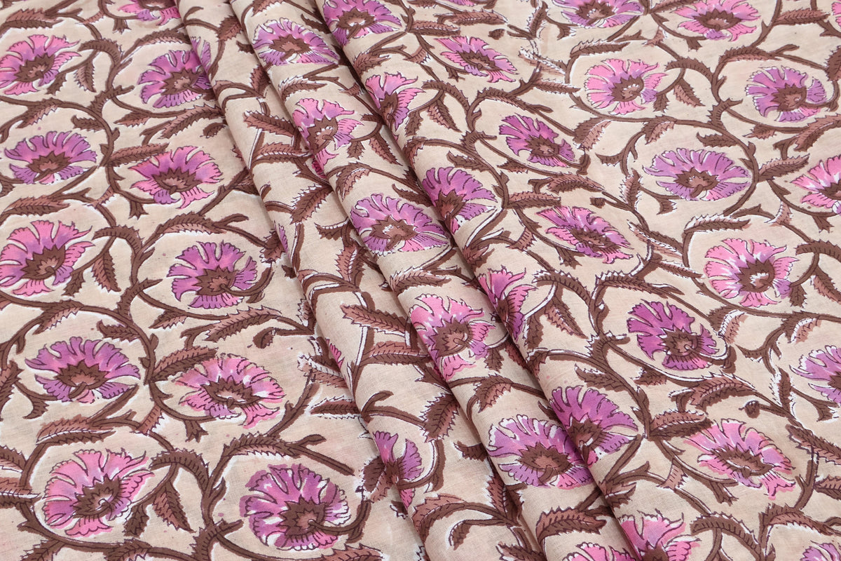 Mughal Floral Print Cotton Fabric: Indian Hand Block Print