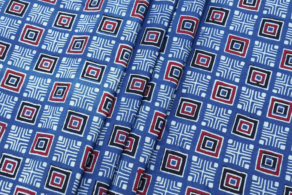 Hand Block Printed Cotton Fabric: Red, Pink, Blue Geometric Textile
