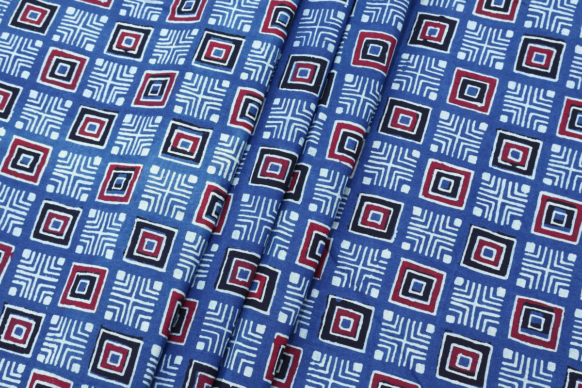 Hand Block Printed Cotton Fabric: Red, Pink, Blue Geometric Textile