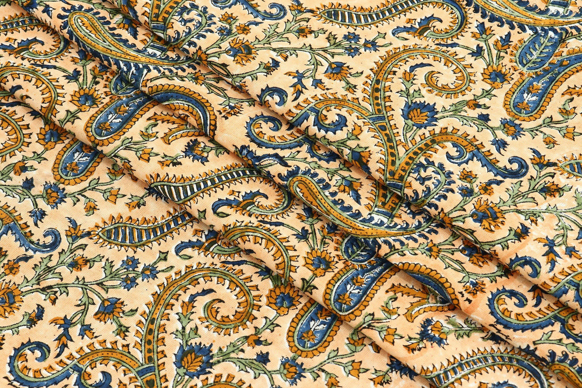 Hand Block Print Cotton Fabric: Beige Paisley Indian Fabric