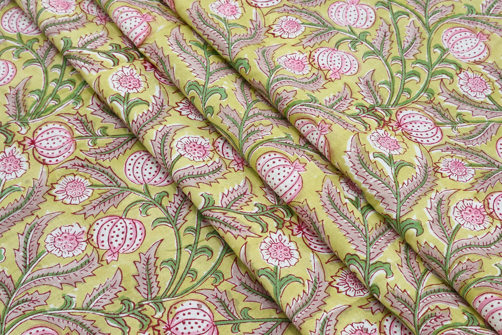Mughal Print Cotton Fabric: Hand-Stamped Floral Dress Fabric