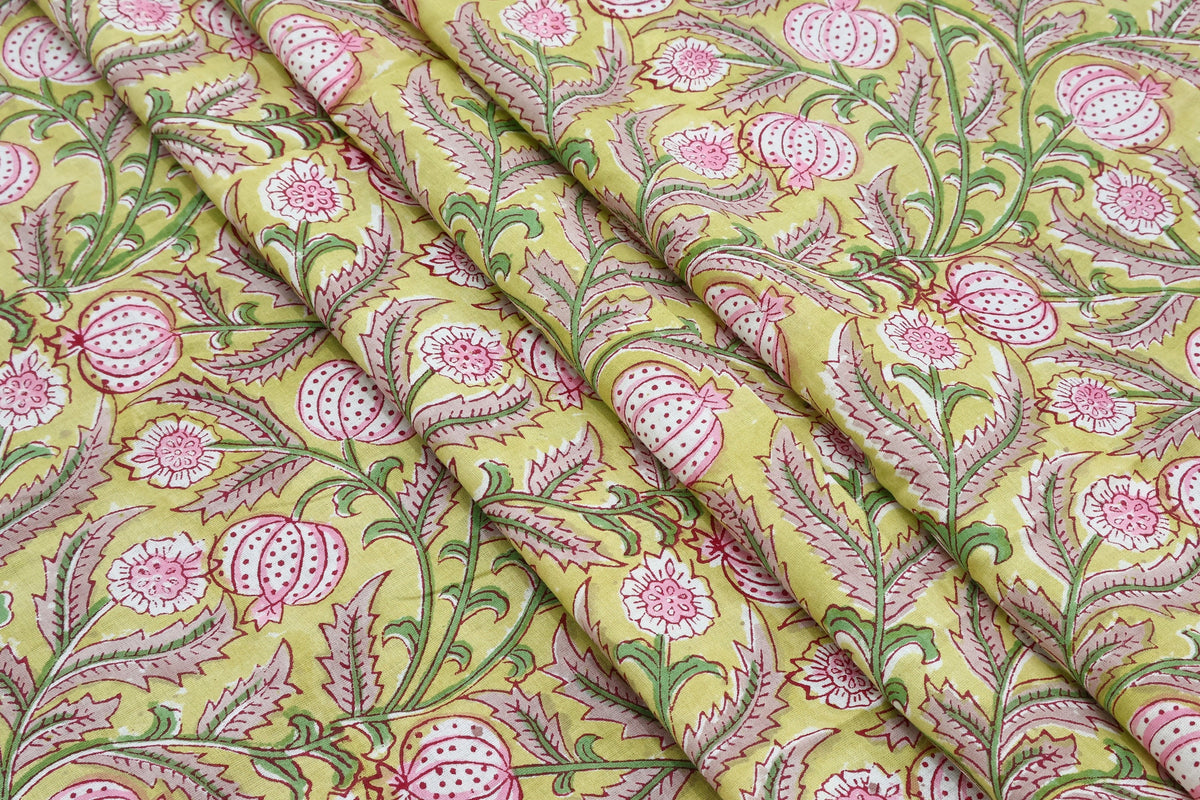 Mughal Print Cotton Fabric: Hand-Stamped Floral Dress Fabric