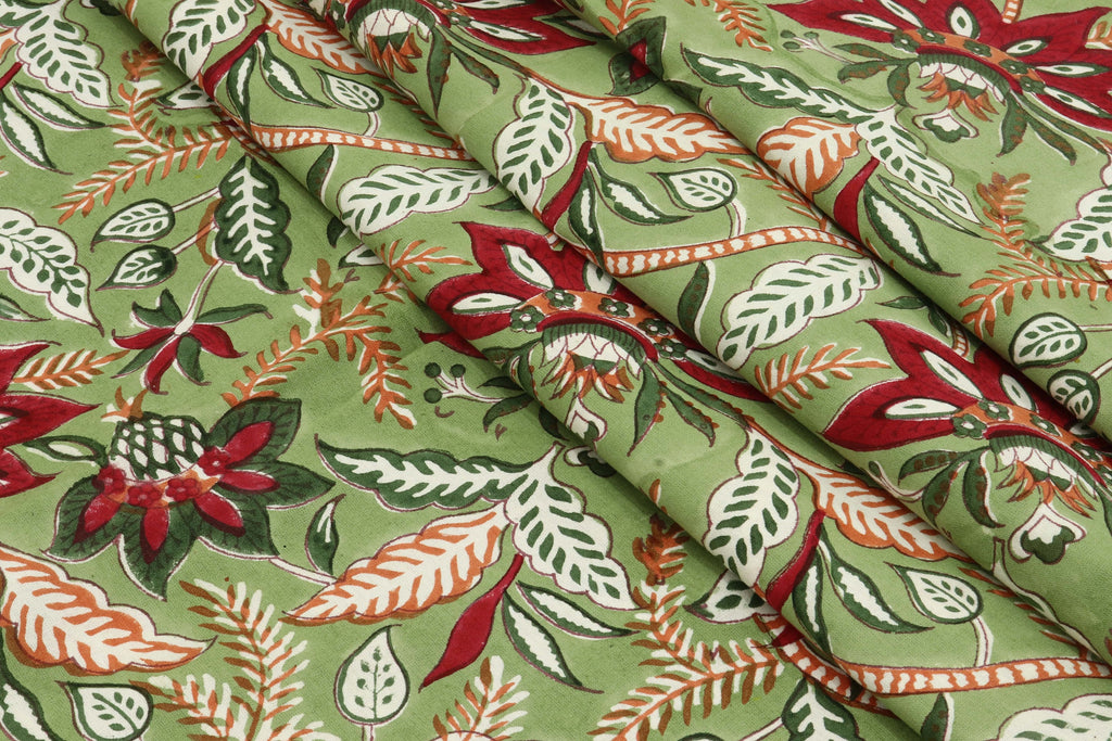 Mughal Floral Print Cotton Fabric: Hand Block Printed Indian Fabric