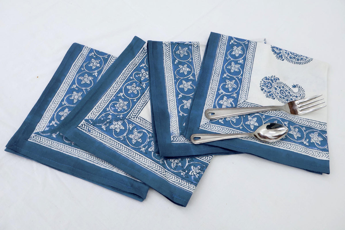 Hand Block Printed Cotton Napkins | Elegant Table Linen- Blue and White