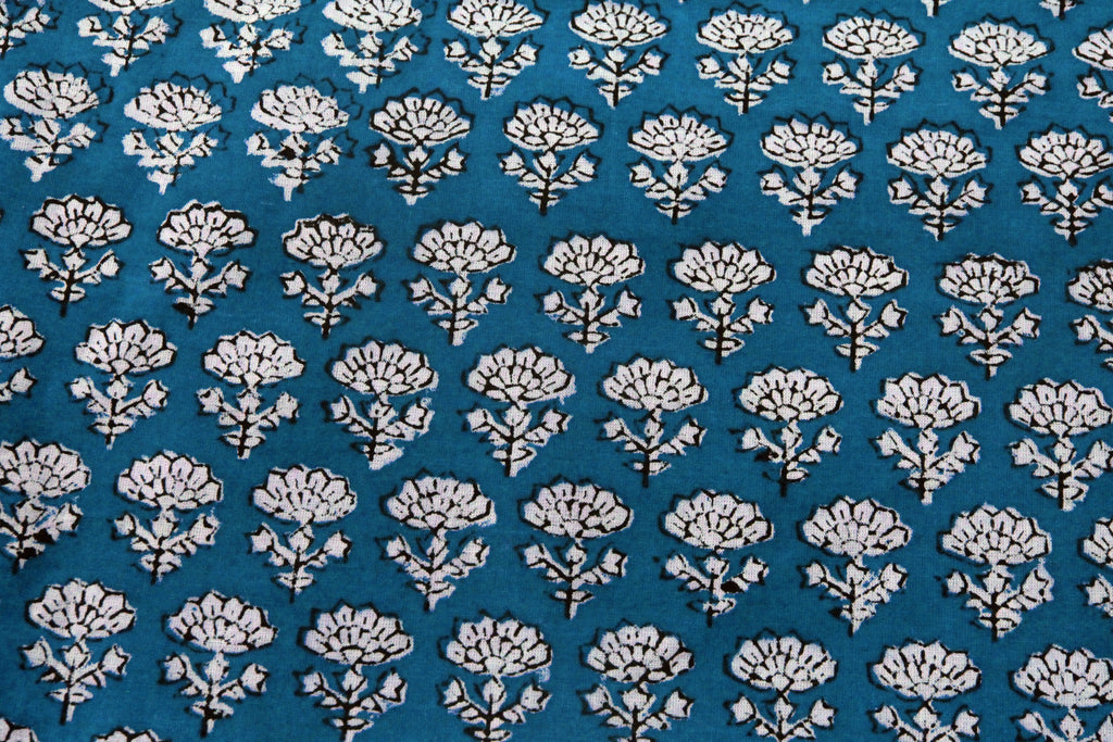 Blue Floral Blockprint Cotton Fabric: Handstamped Indian Fabric