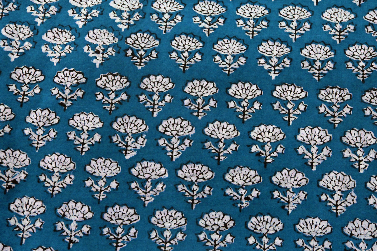 Blue Floral Blockprint Cotton Fabric: Handstamped Indian Fabric