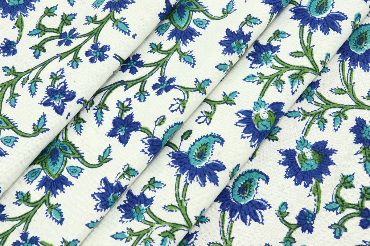 Floral Block Print Cotton Fabric: Blue, Green Mughal Design