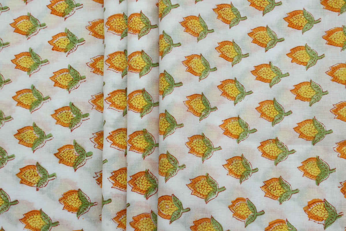 Mughal Print Cotton Fabric: Hand-Stamped Floral Dress Fabric