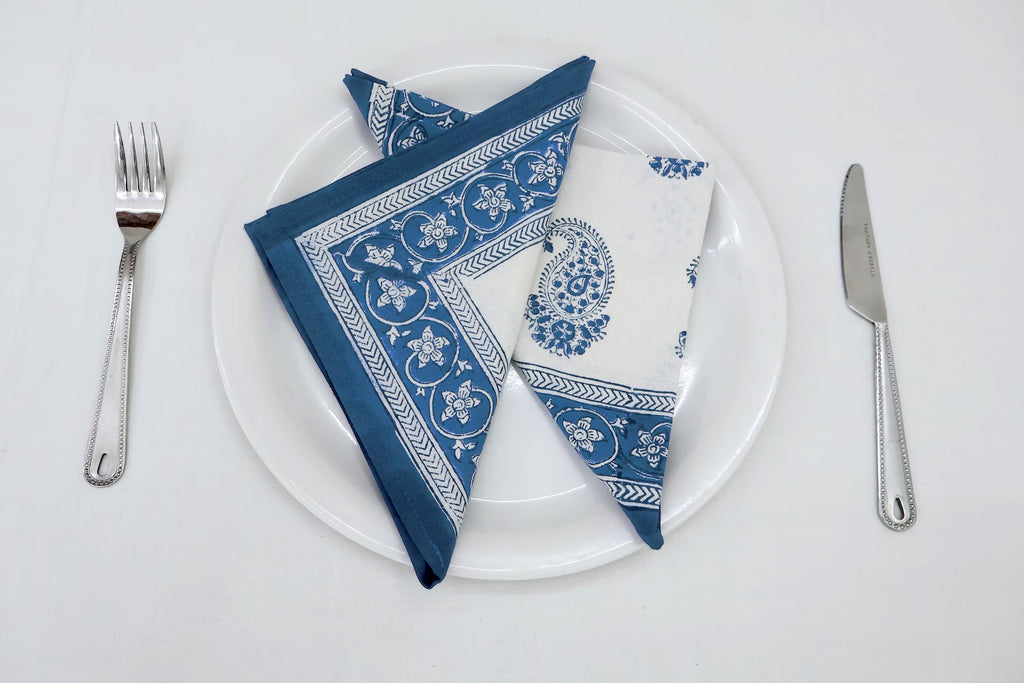 Hand Block Printed Cotton Napkins | Elegant Table Linen- Blue and White