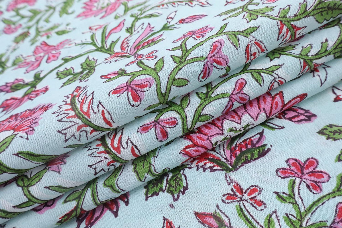 Mughal Floral Block Print Fabric: Pink, White & Green Linen Cotton Blend